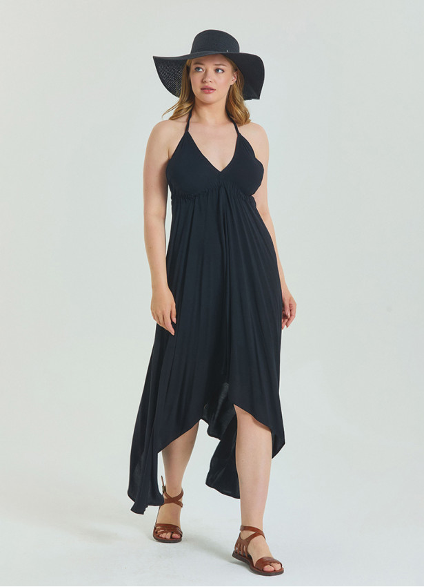 V Neck Backless Halter Neck Black Plus Size Dress 4663